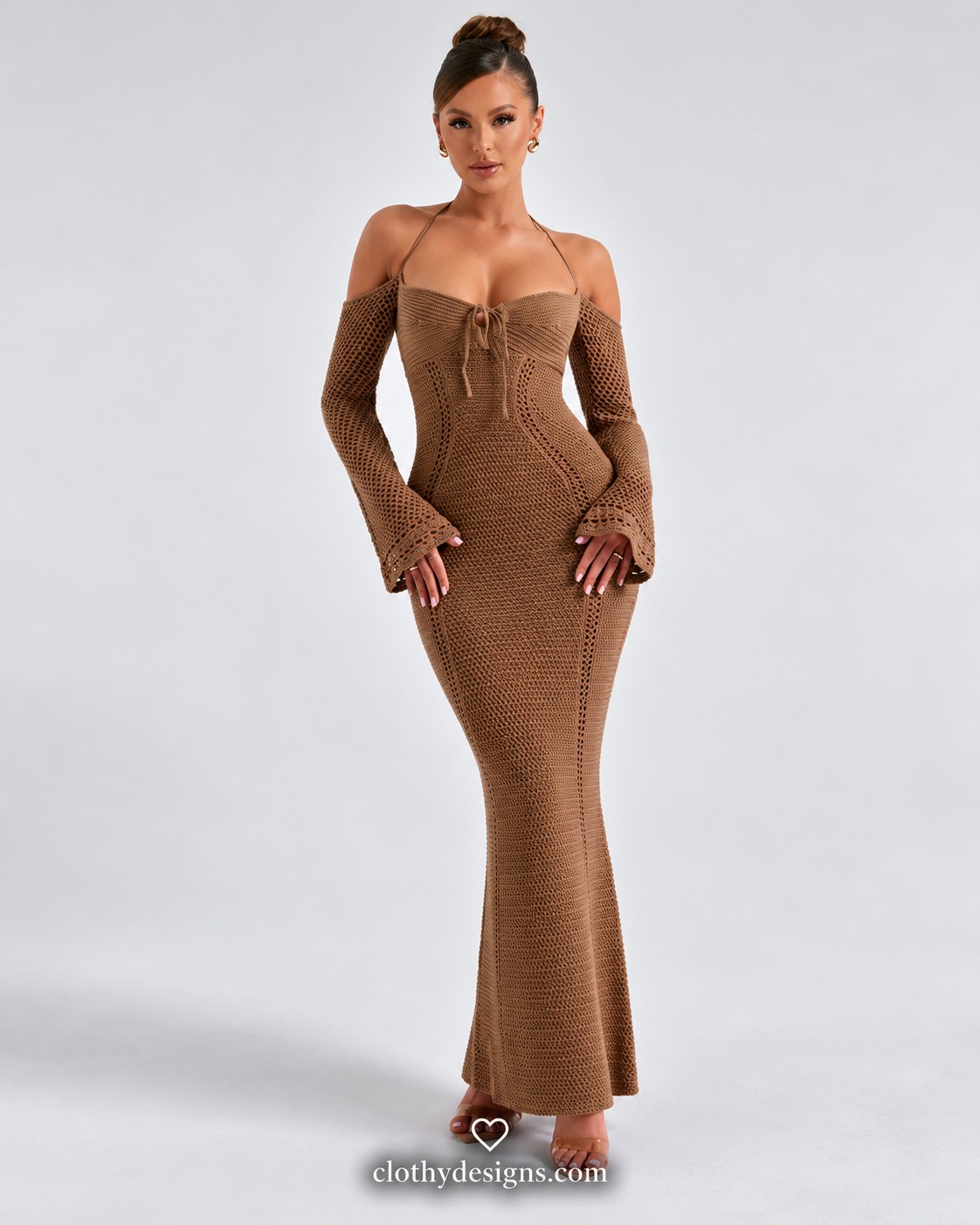 Elegant Sexy Backless Tie Front Maxi Dresses Vestido  title                Women's Off-Shoulder Halter Knit Maxi Dress – Long Sleeve Backless Tie-Front Elegant Evening Dress